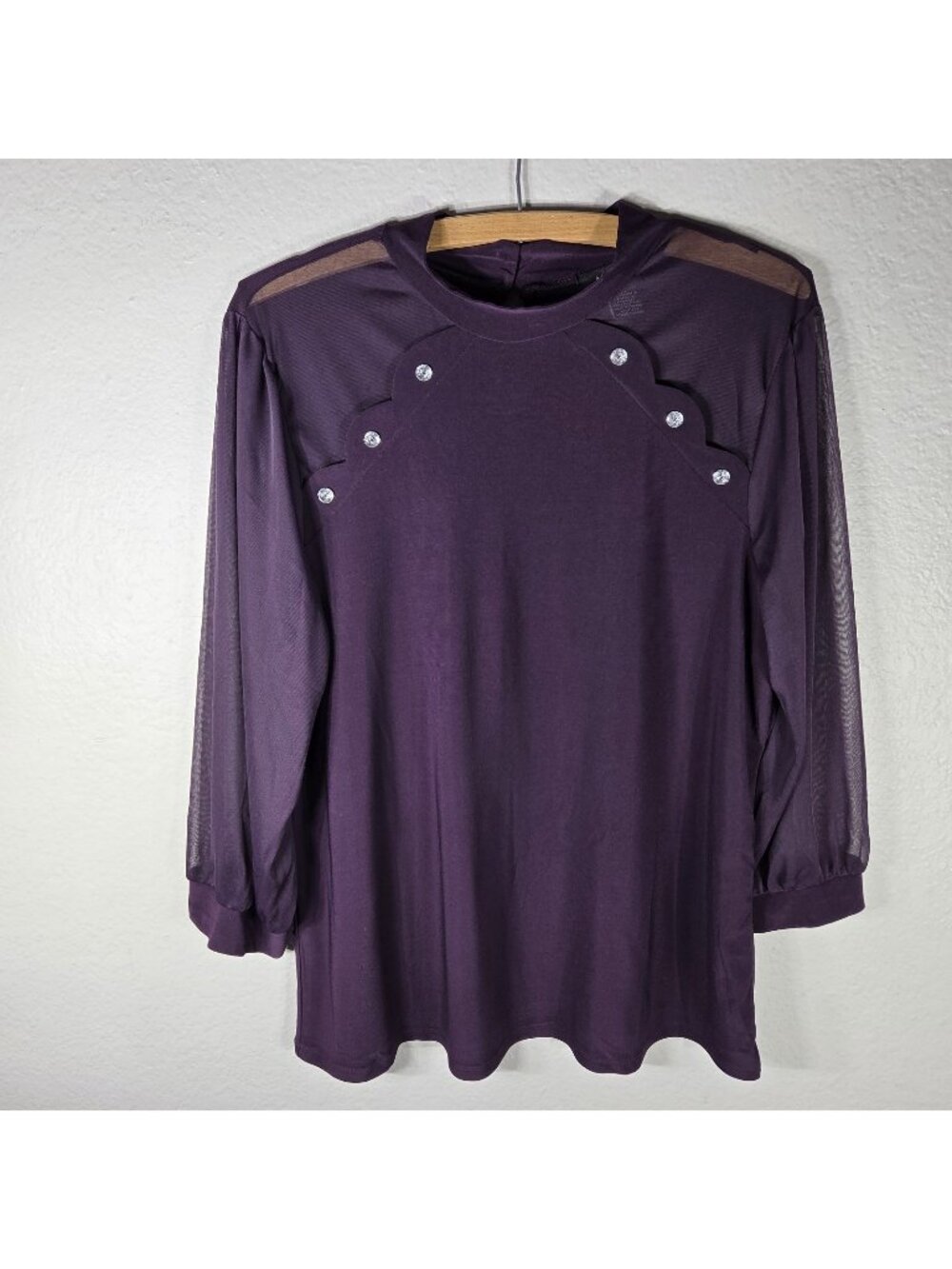 Adele & May Woman Pruple Semi Sheer Top Blouse XL Long Sleeves Jewerly Button